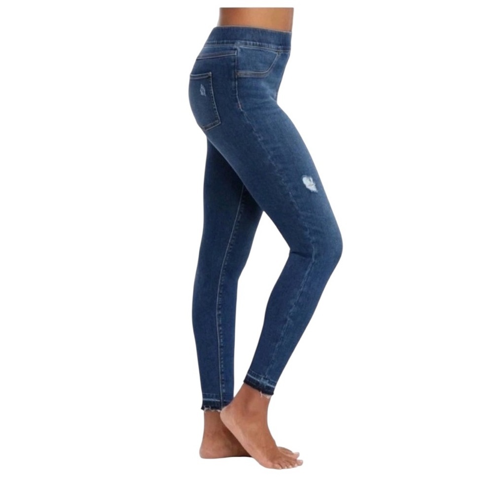 Spanx Jeans Pants Legging Skinny Raw Hem Blue Denim Preppy Stretch Distressed